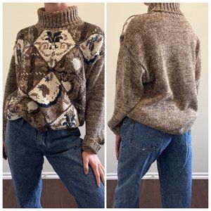 Vintage 90s Turtleneck, 1990s Brown Chunky Knit Sweater